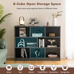 Fristående öppet bokhylla med 3 nivåer och 8 kuber grå för mångsidig förvaring