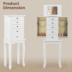 Smyckeskåp med spegel, 4 lådor, 8 halskedjehakar och 2 hyllor, vit