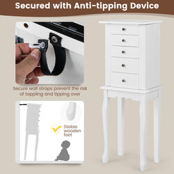 Smyckeskåp med spegel, 4 lådor, 8 halskedjehakar och 2 hyllor, vit