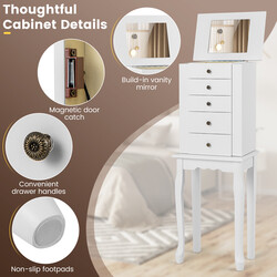 Smyckeskåp med spegel, 4 lådor, 8 halskedjehakar och 2 hyllor, vit