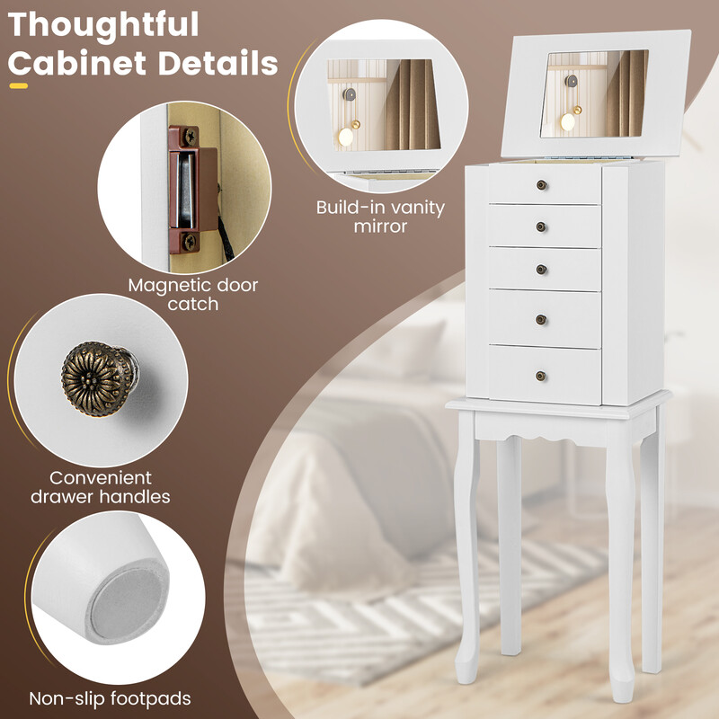 Smyckeskåp med spegel, 4 lådor, 8 halskedjehakar och 2 hyllor, vit