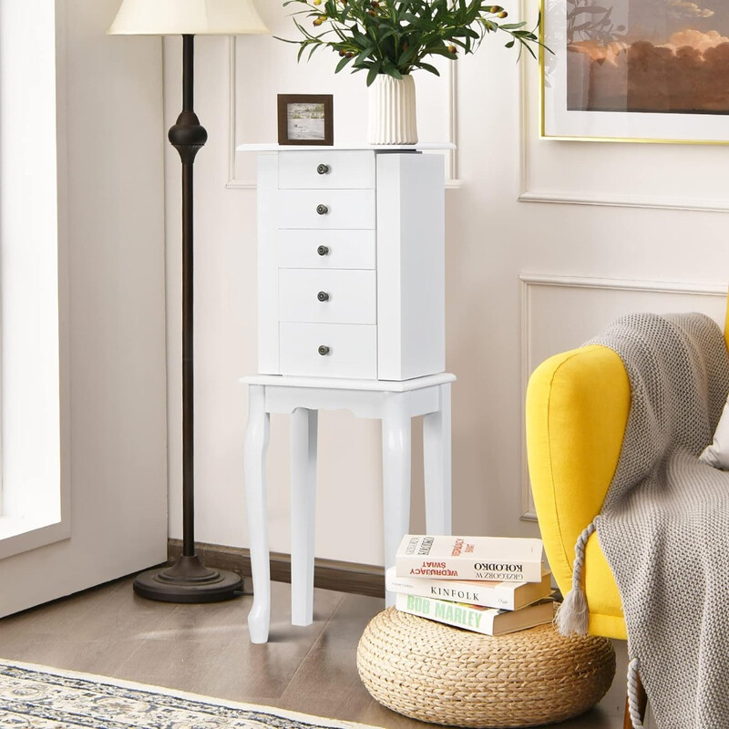 Smyckeskåp med spegel, 4 lådor, 8 halskedjehakar och 2 hyllor, vit