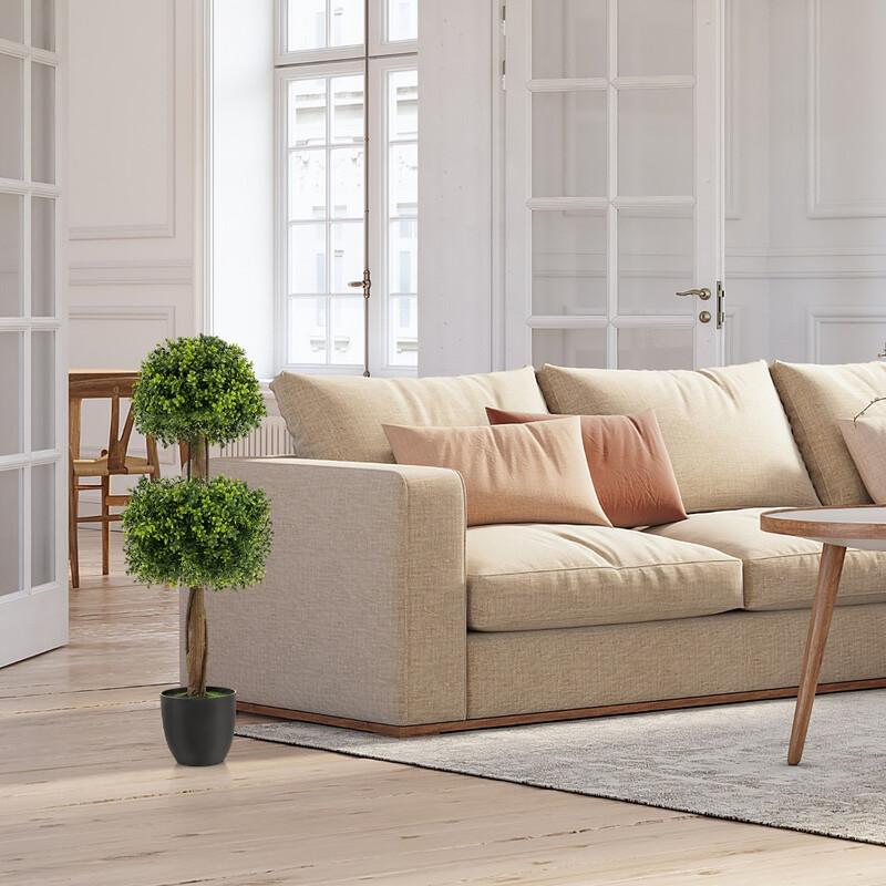 Konstgjord buxbom 100 cm med två klotformade sektioner och cementfylld kruka