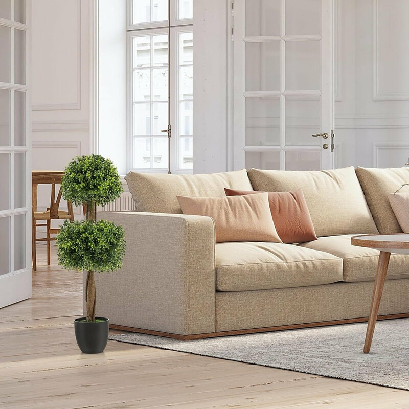 Konstgjord buxbom 100 cm med två klotformade sektioner och cementfylld kruka