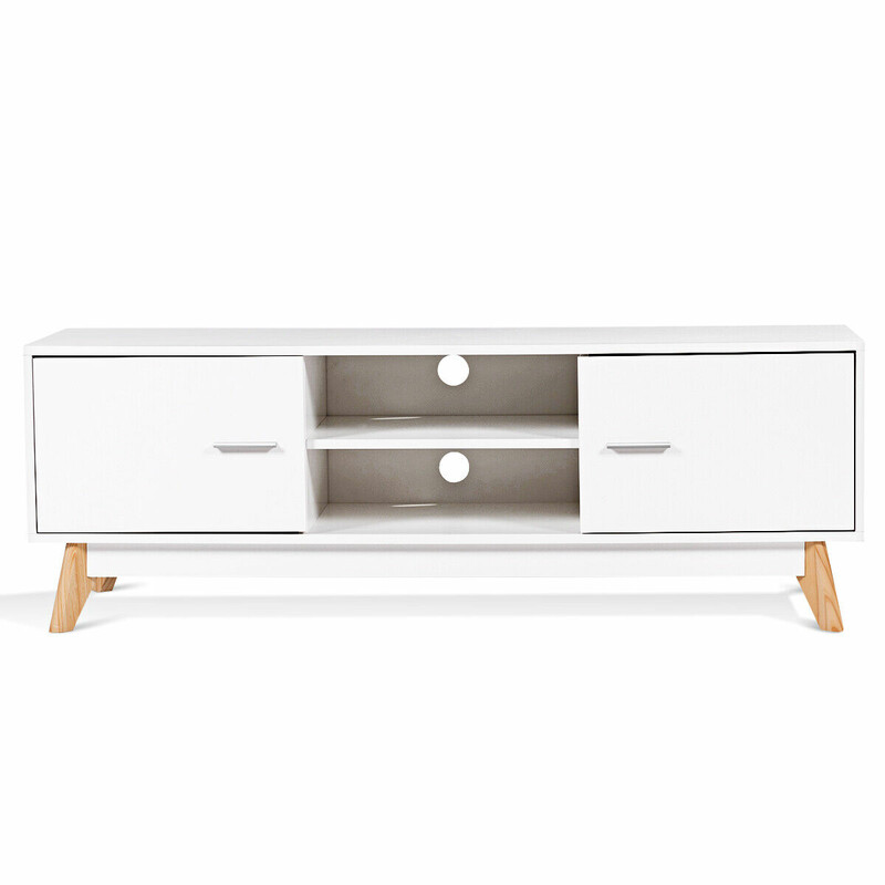 Tv-bord för 60-tums tv med förvaring och massiva träben i vit design