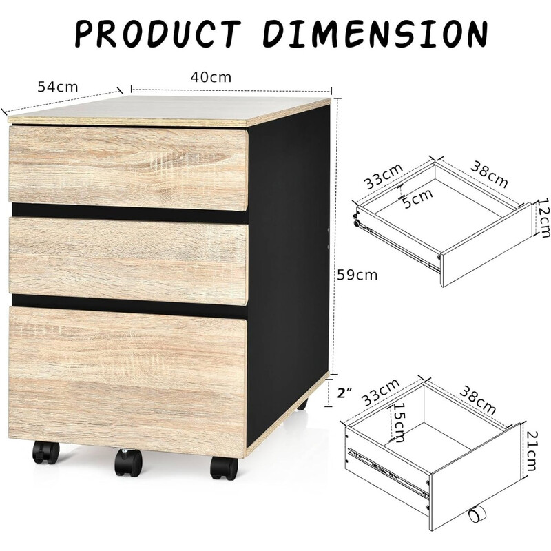 Rullcontainer med 3 lådor och hjul för dokument och brev i naturlig färg