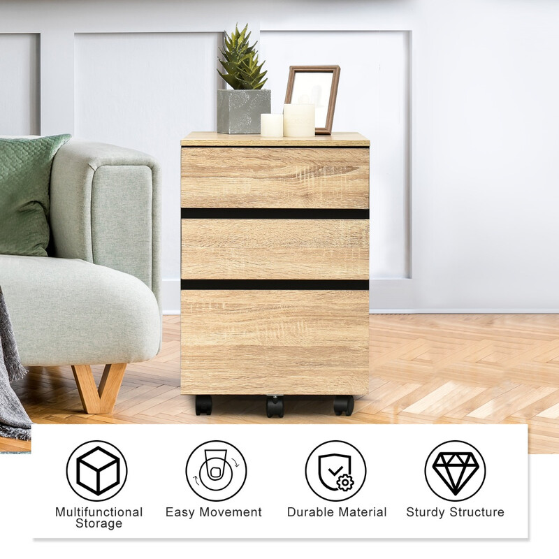 Rullcontainer med 3 lådor och hjul för dokument och brev i naturlig färg