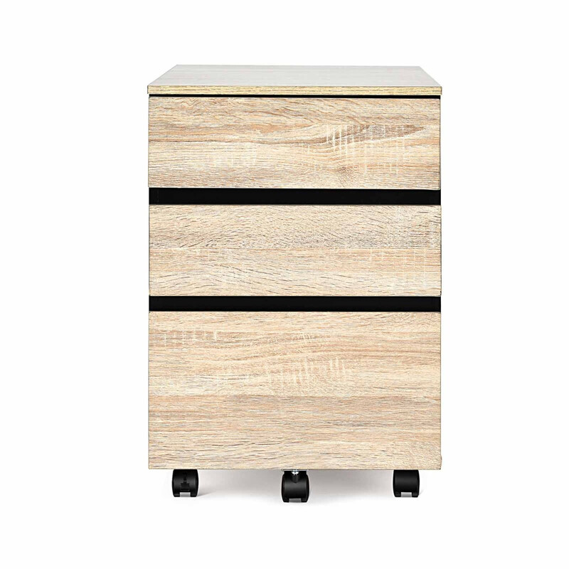 Rullcontainer med 3 lådor och hjul för dokument och brev i naturlig färg