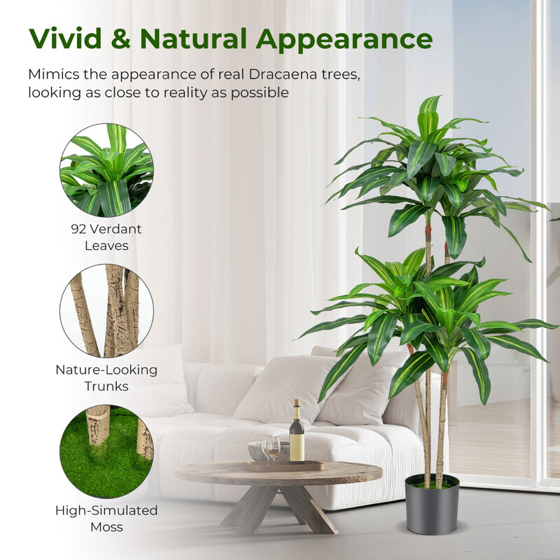 Konstgjord dracena 140 cm med kruka och 92 blad för naturlig inredning