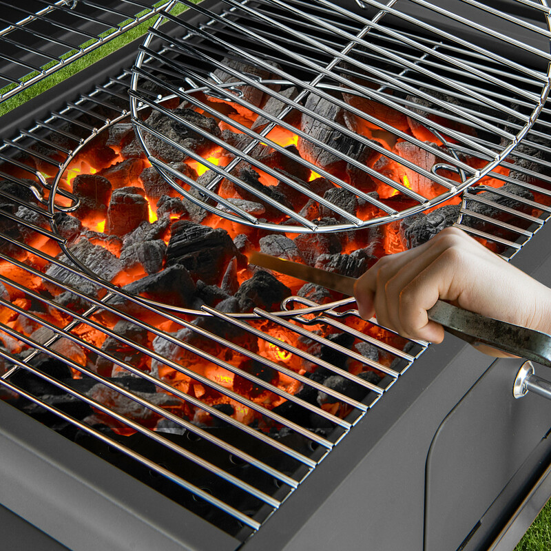 Kolgrill med lock, fällbara sidobord, termometer och flasköppnare