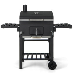 Kolgrill med lock, fällbara sidobord, termometer och flasköppnare