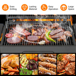 Kolgrill med lock, fällbara sidobord, termometer och flasköppnare