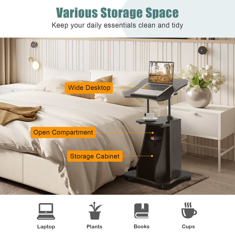 Ergonomiskt höj- och sänkbart skrivbord med justerbar bordsskiva och förvaring för hemarbete svart