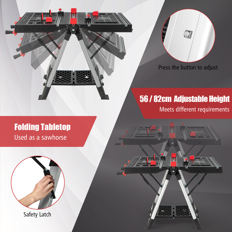 Bärbart hopfällbart arbetsbord med justerbar höjd och funktionellt klämsystem