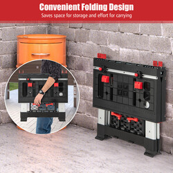 Bärbart hopfällbart arbetsbord med justerbar höjd och funktionellt klämsystem