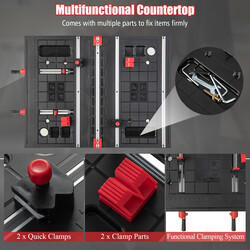Bärbart hopfällbart arbetsbord med justerbar höjd och funktionellt klämsystem