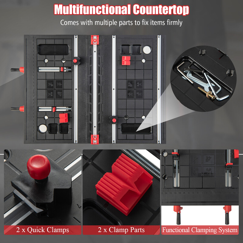 Bärbart hopfällbart arbetsbord med justerbar höjd och funktionellt klämsystem