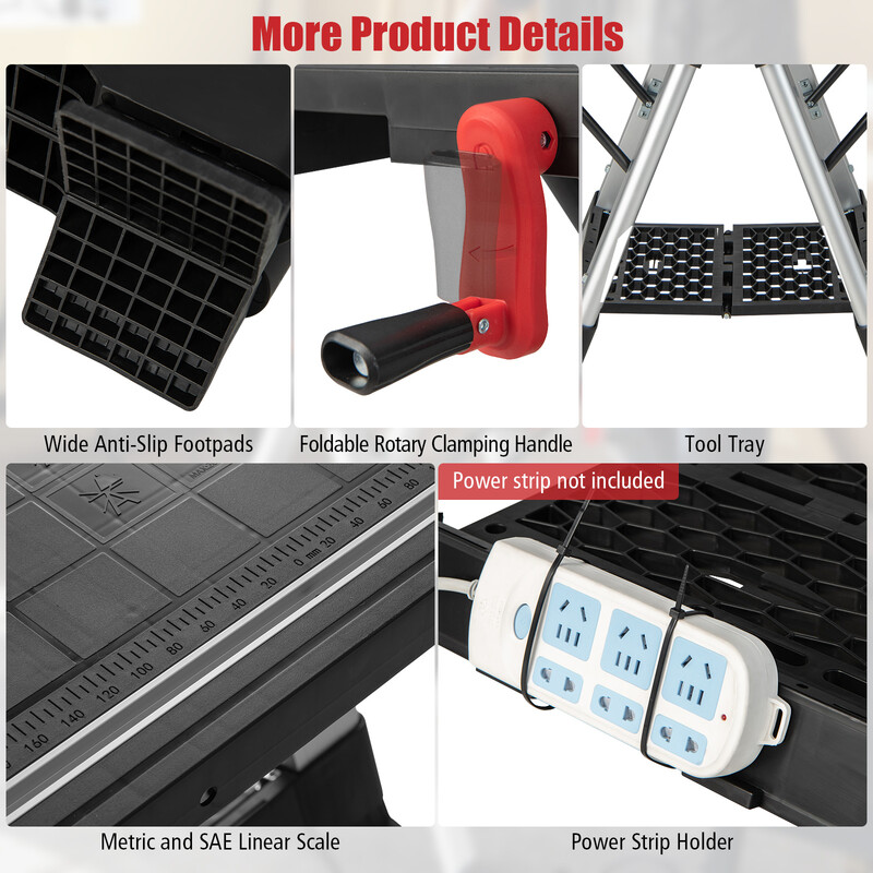 Bärbart hopfällbart arbetsbord med justerbar höjd och funktionellt klämsystem