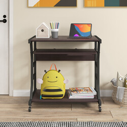 Datorbord med hjul, utdragbar tangentbordshylla och mushylla, kompakt och mobil design, mörkbrun