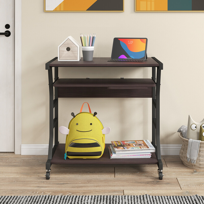 Datorbord med hjul, utdragbar tangentbordshylla och mushylla, kompakt och mobil design, mörkbrun