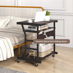 Datorbord med hjul, utdragbar tangentbordshylla och mushylla, kompakt och mobil design, mörkbrun