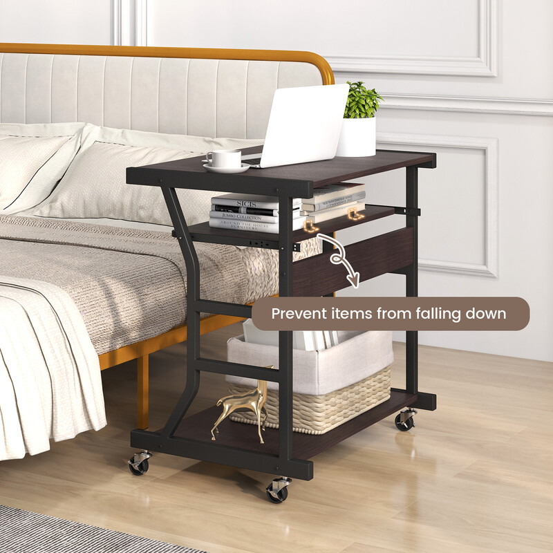 Datorbord med hjul, utdragbar tangentbordshylla och mushylla, kompakt och mobil design, mörkbrun