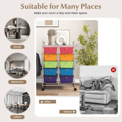 Rullande förvaringsvagn med 10 lådor för kontorsmaterial på hjul, transparent och färgglad