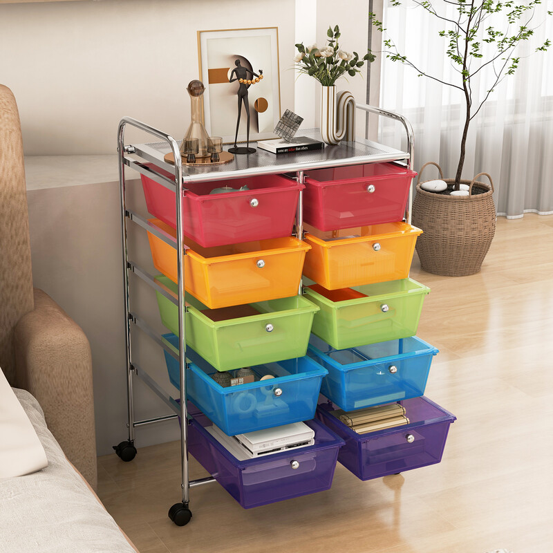 Rullande förvaringsvagn med 10 lådor för kontorsmaterial på hjul, transparent och färgglad