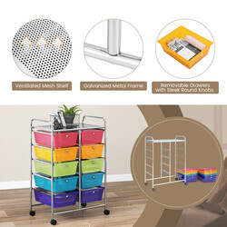 Rullande förvaringsvagn med 10 lådor för kontorsmaterial på hjul, transparent och färgglad