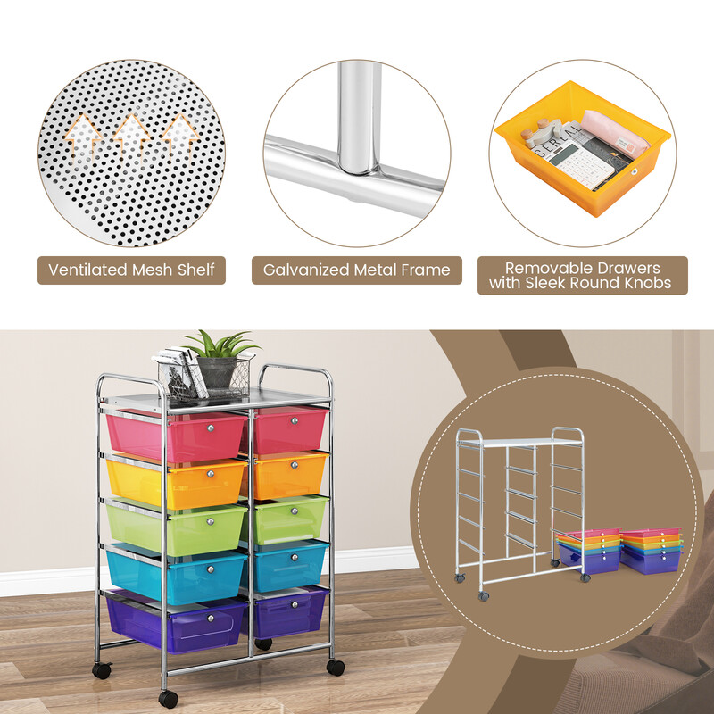 Rullande förvaringsvagn med 10 lådor för kontorsmaterial på hjul, transparent och färgglad