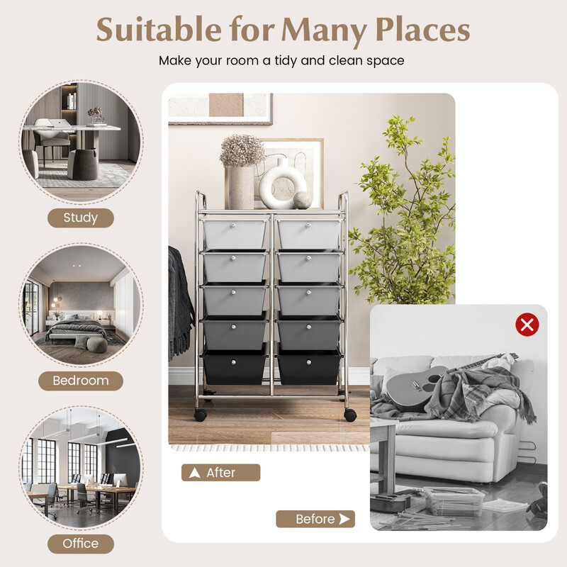 Rullande förvaringsvagn med 10 lådor för kontorsmaterial på hjul grå-svart