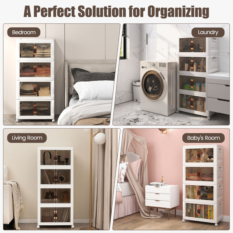 4-pack stapelbara förvaringslådor med lock, hjul och dörrar 49,5 x 31,5 x 112,5 cm