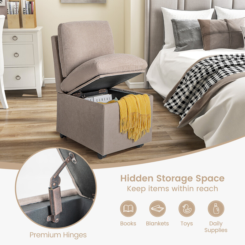 Modern armlös fåtölj med förvaring och svängbara hjul, avtagbara kuddar, kaffefärgad klädsel