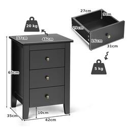 Sängbord med 3 lådor för boxspringbädd, svart, 46 x 37 x 65 cm