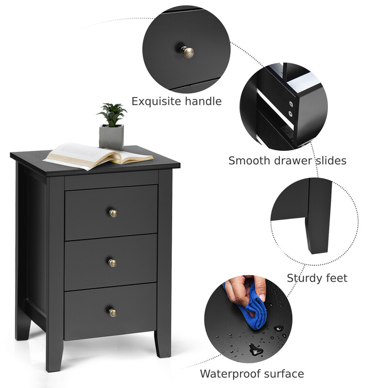 Sängbord med 3 lådor för boxspringbädd, svart, 46 x 37 x 65 cm