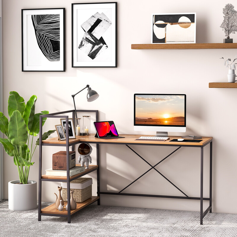 Långt L-format skrivbord med öppna hyllor för modern arbetsplats i valnöt