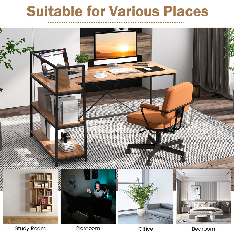 Långt L-format skrivbord med öppna hyllor för modern arbetsplats i valnöt