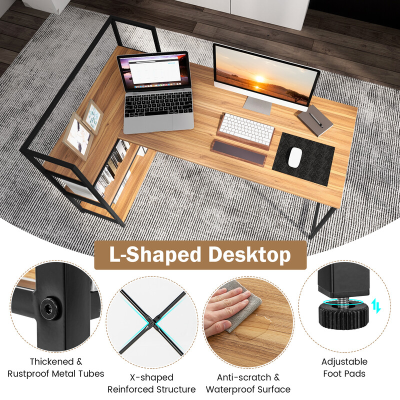 Långt L-format skrivbord med öppna hyllor för modern arbetsplats i valnöt