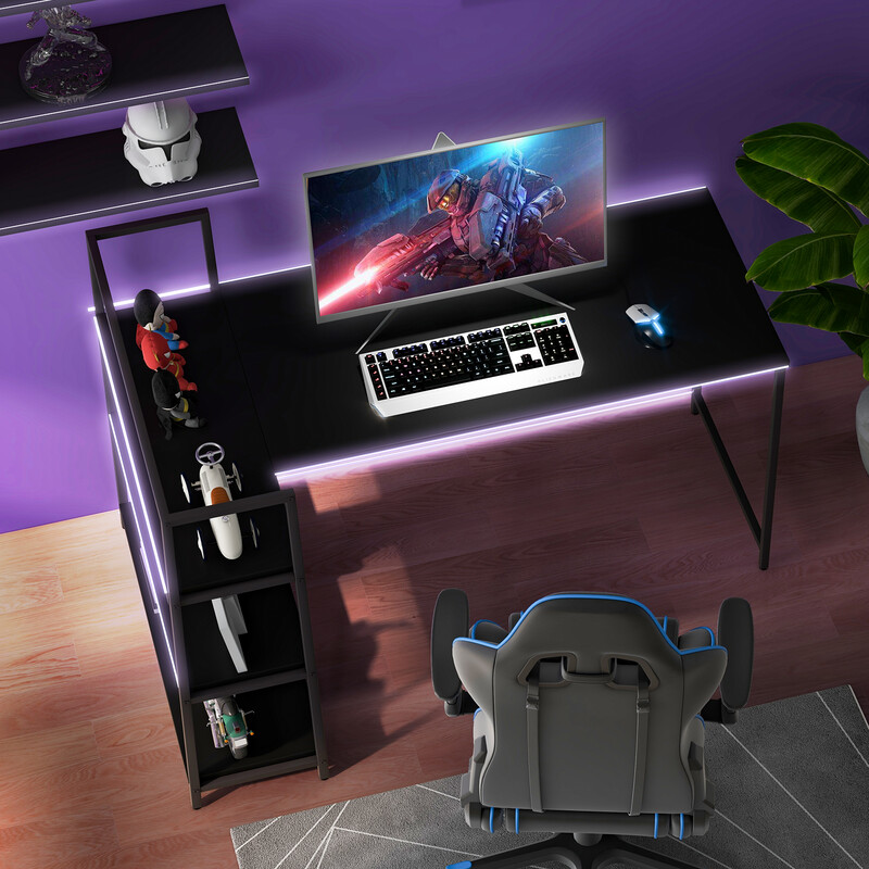 Långt L-format skrivbord med öppna hyllor för modern arbetsplats, svart, 148 cm