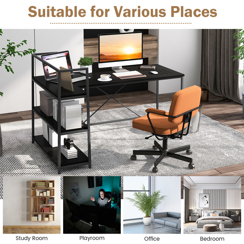 Långt L-format skrivbord med öppna hyllor för modern arbetsplats, svart, 148 cm