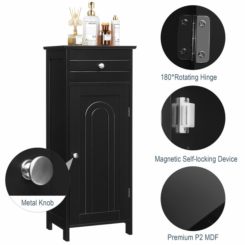 Fristående badrumsskåp med låda och justerbara hyllor i svart MDF