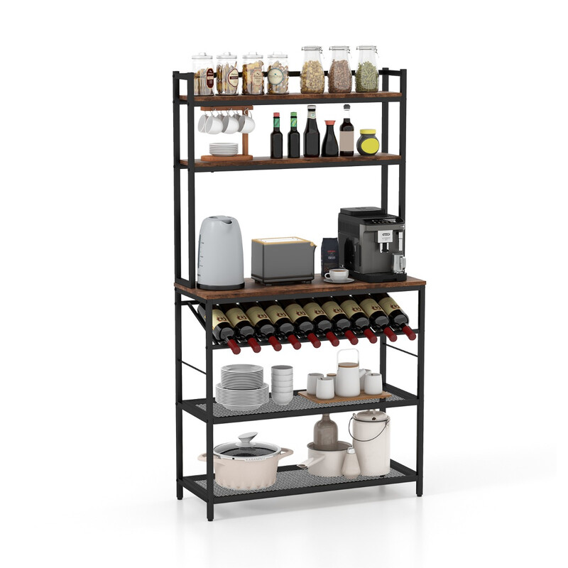 Kökshylla med vinhållare för 10 flaskor och arbetsyta i rustik brun design