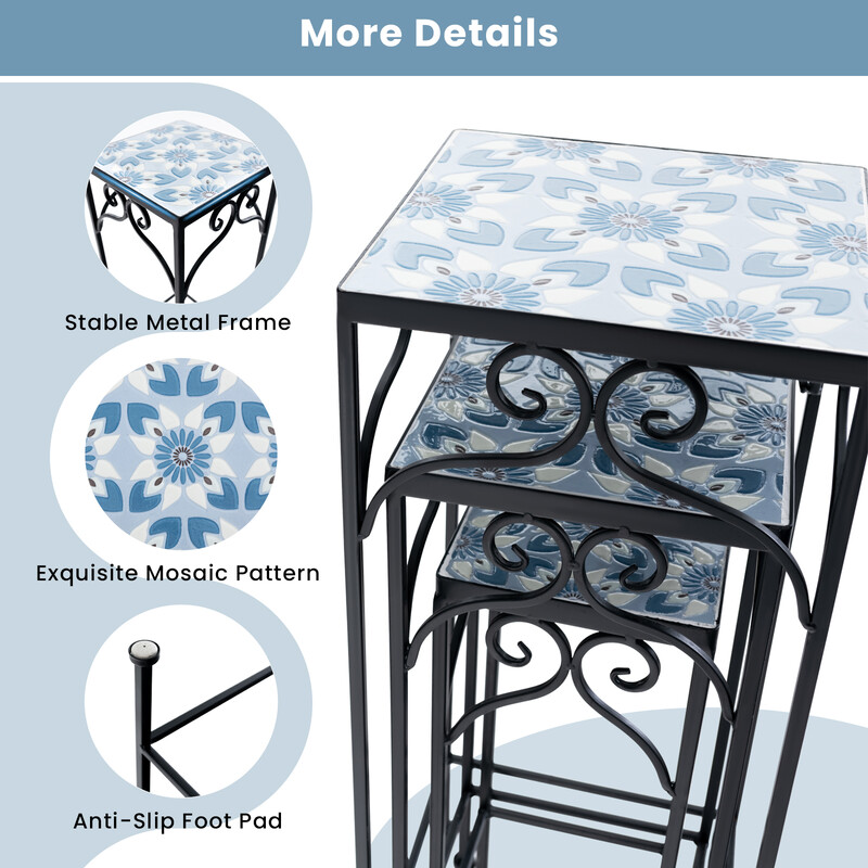 3-delat set växtställningar i metall med blå mosaik för inomhus och utomhusbruk