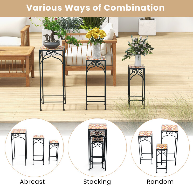 3-delat set växtställningar i metall med mosaikplattor, stapelbara blomkrukor, gul 28/23/18 cm