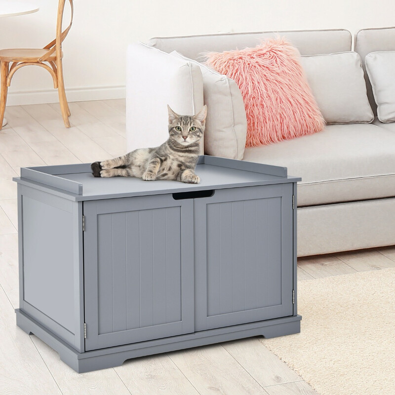 Grått katthus med bädd och ingång, stängd kattlåda, hållbar MDF-konstruktion