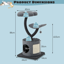 Kattträd för inomhusbruk med metallram, sisalklösyta och flera viloplatser, grå