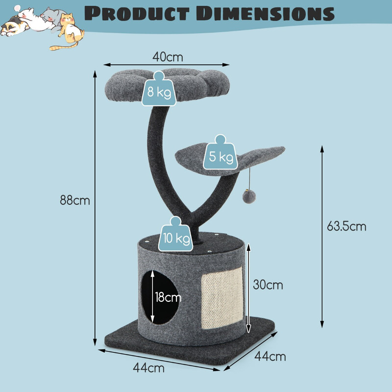 Kattträd för inomhusbruk med metallram, sisalklösyta och flera viloplatser, grå