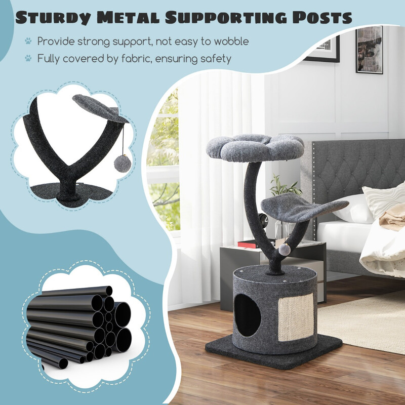 Kattträd för inomhusbruk med metallram, sisalklösyta och flera viloplatser, grå