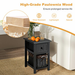 Tvåvånings sängbord i trä med låda och korg, stilren design, svart