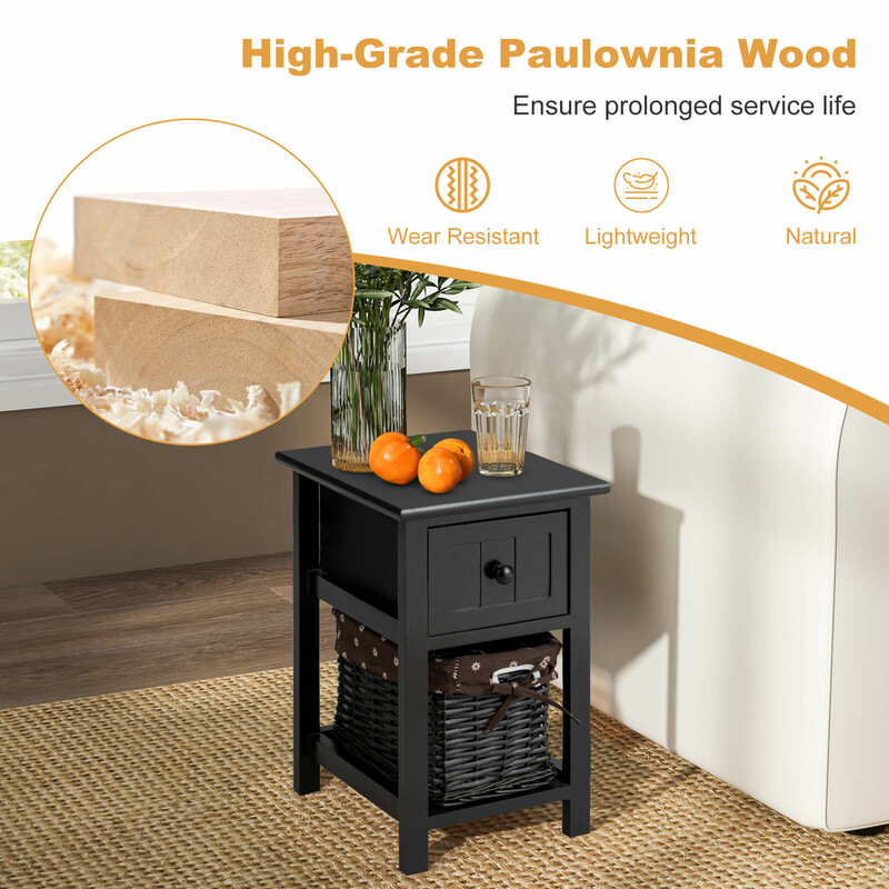 Tvåvånings sängbord i trä med låda och korg, stilren design, svart